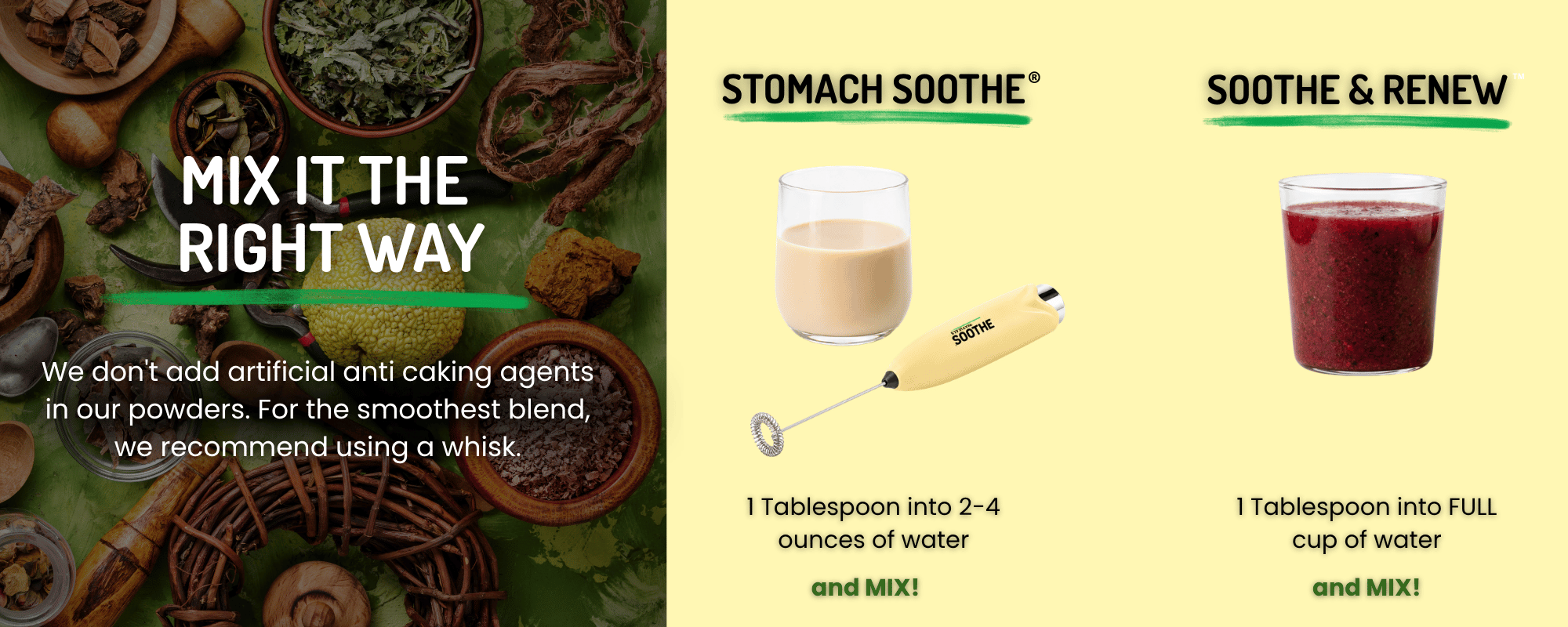 Mixing instructions for Stomach Soothe and Soothe & Renew powders, including recommended water amounts and a note that a whisk provides the smoothest blend.
