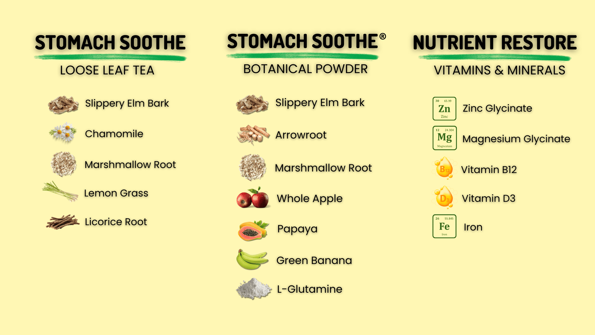 Ingredient overview graphic showing Stomach Soothe loose leaf tea and botanical powder formulas alongside Nutrient Restore vitamins and minerals, listing key ingredients for each product.