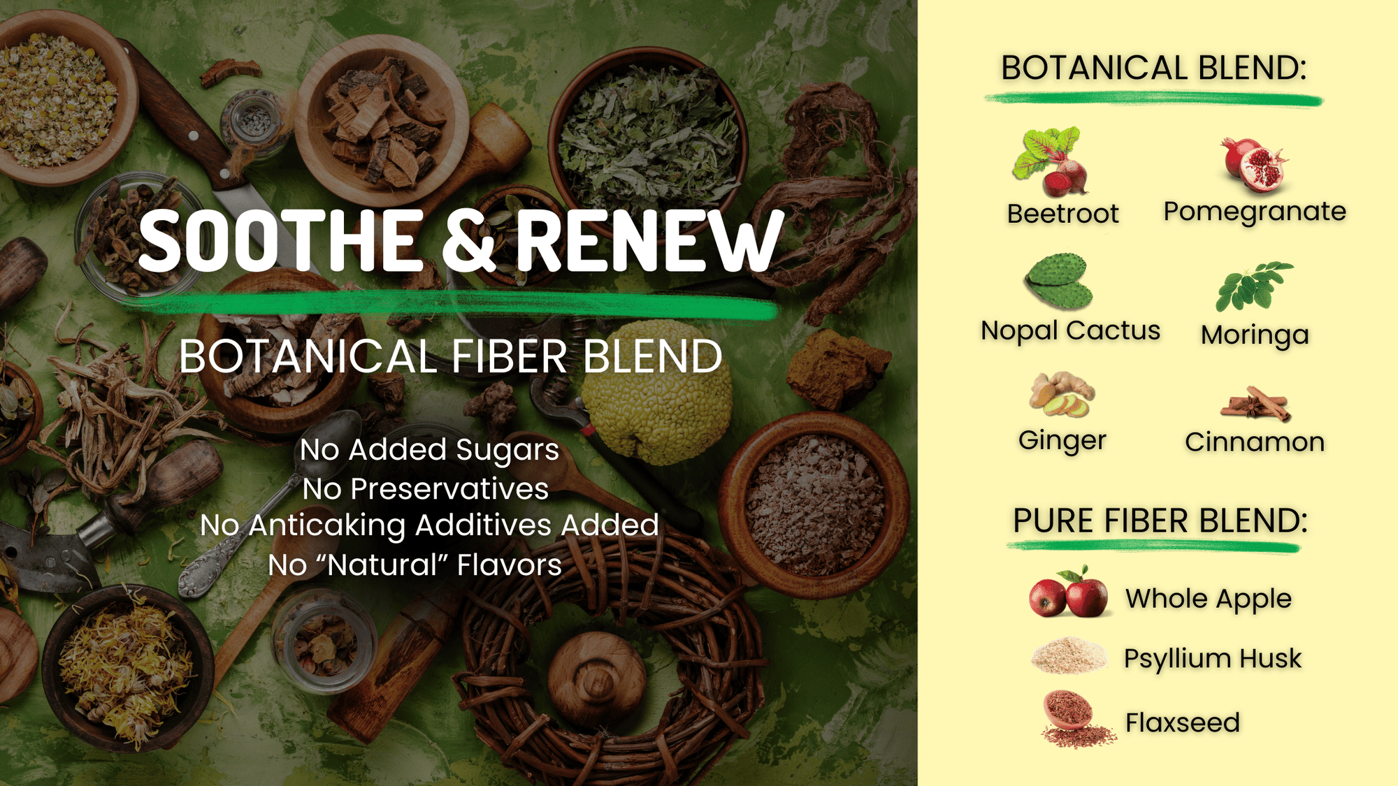 Soothe Naturals Soothe and Renew botanical fiber blend graphic listing no added sugars or preservatives and showing ingredients including beetroot, pomegranate, nopal cactus, moringa, ginger, cinnamon, whole apple, psyllium husk, and flaxseed.