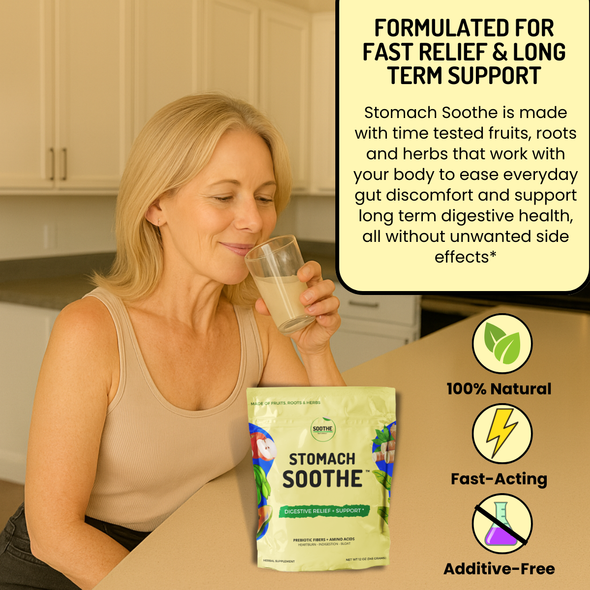 Woman holding a glass of Stomach Soothe product with packaging and text about its benefits.