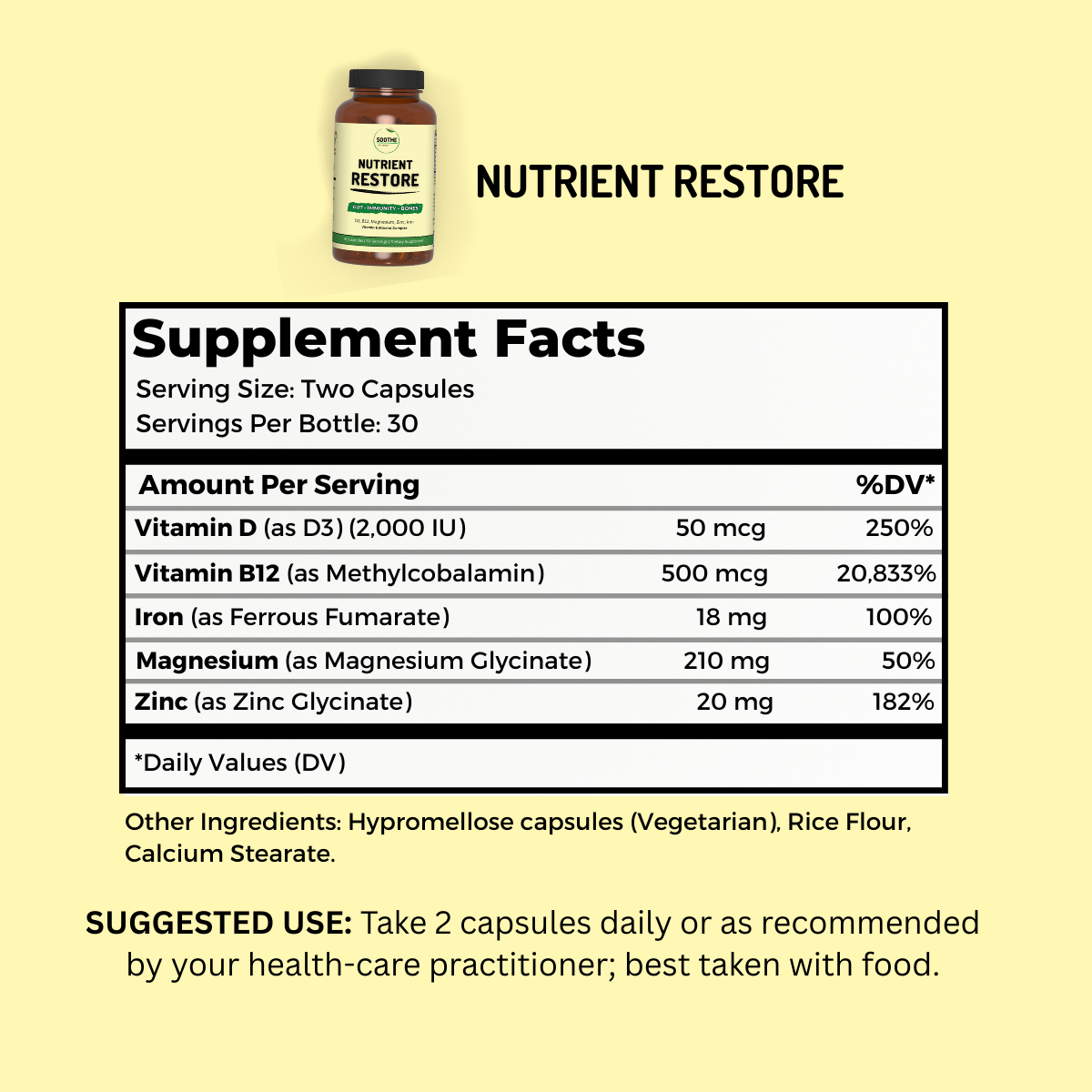 Nutrient Restore supplement facts panel displaying vitamin and mineral information.