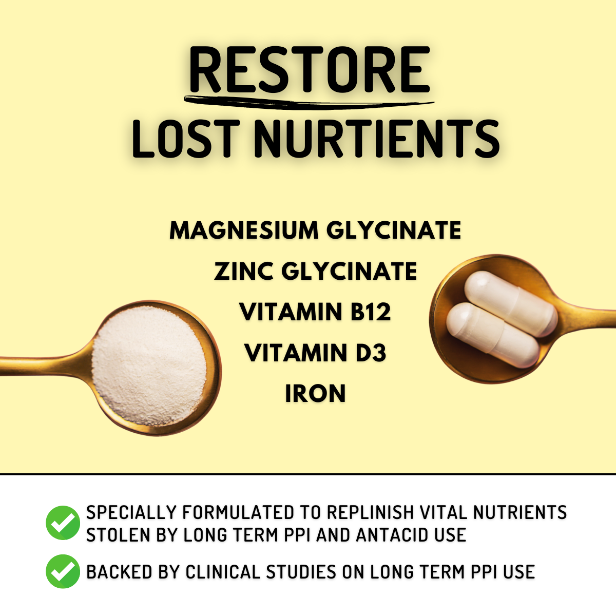 Promotional graphic for a supplement regimen with text and images of magnesium, zinc, vitamin B12, vitamin D3, and iron on a yellow background.