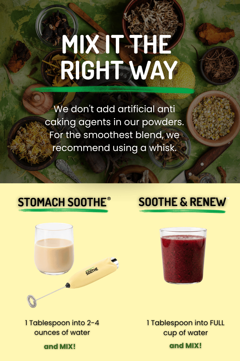 Mixing instructions for Stomach Soothe and Soothe & Renew powders, including recommended water amounts and a note that a whisk provides the smoothest blend.