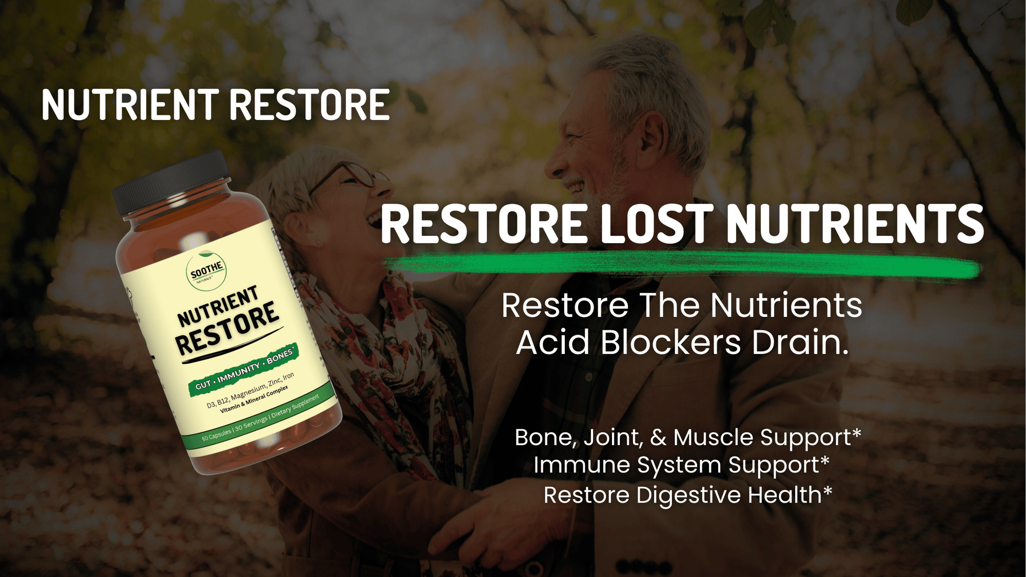 Nutrient Restore supplement bottle shown with a smiling couple in the background and text about restoring nutrients depleted by acid blockers and supporting bones, immunity, and digestive health.