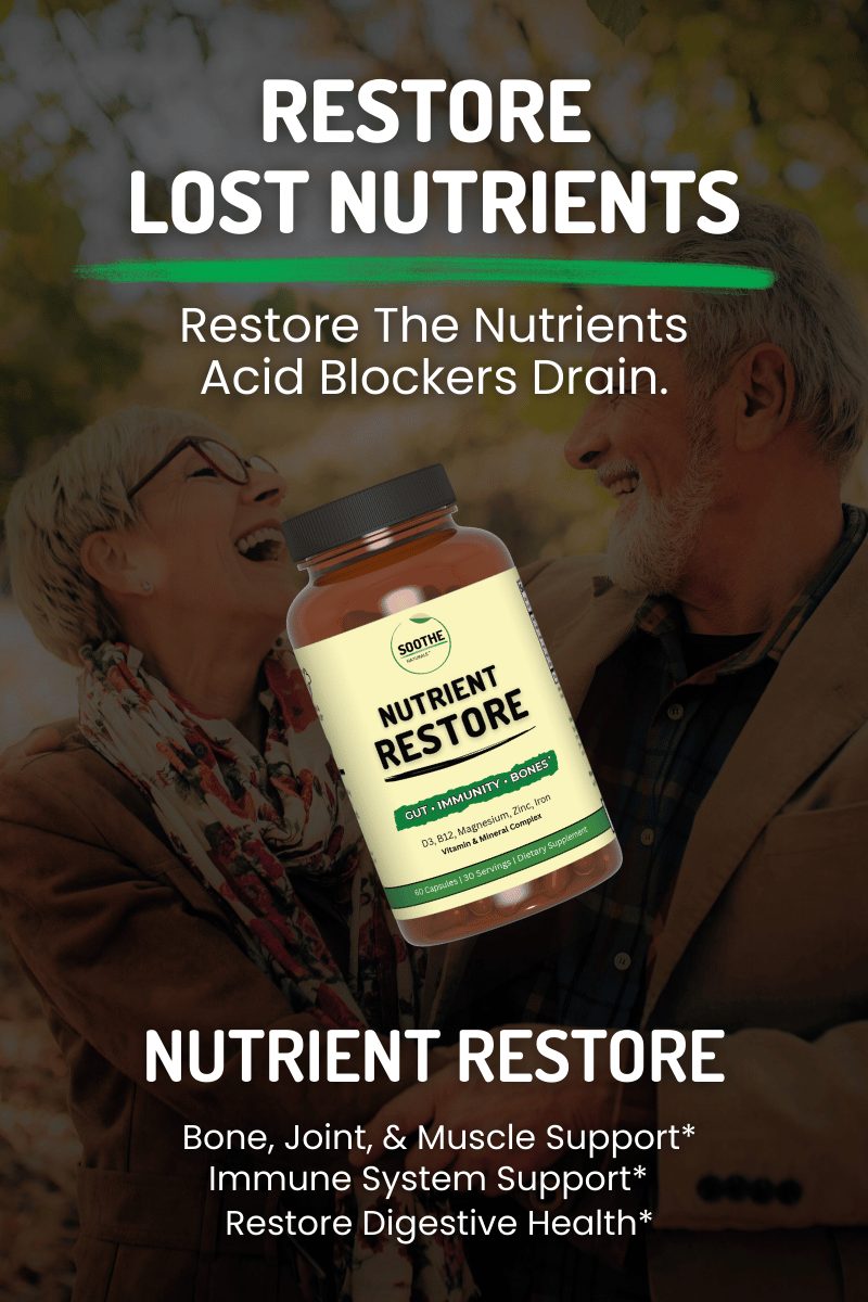 Nutrient Restore supplement bottle shown with a smiling couple in the background and text about restoring nutrients depleted by acid blockers and supporting bones, immunity, and digestive health.