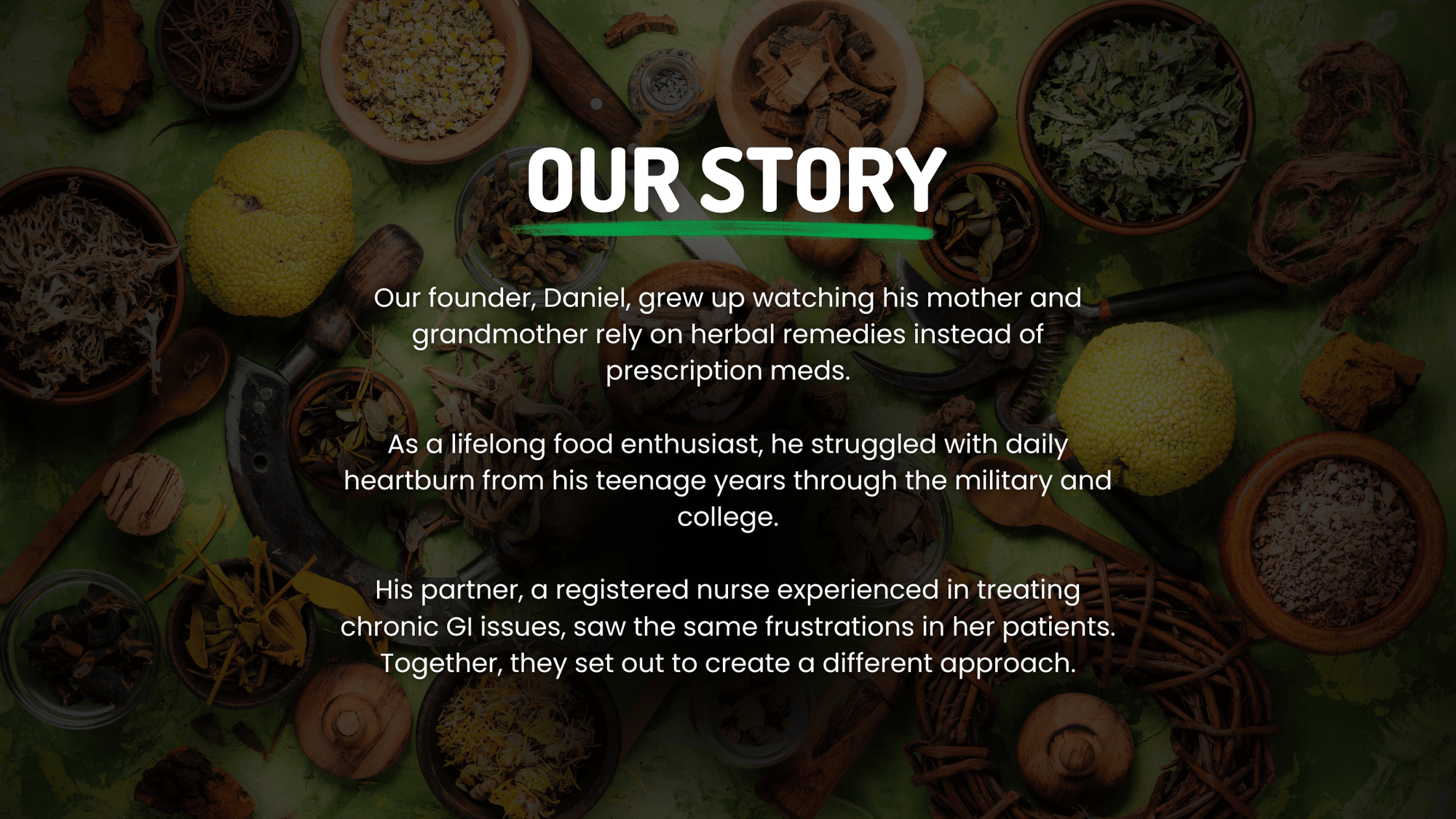 Our Story brand graphic describing founder Daniel’s background with herbal remedies and reflux struggles, and his partnership with a registered nurse to create a natural digestive support approach.