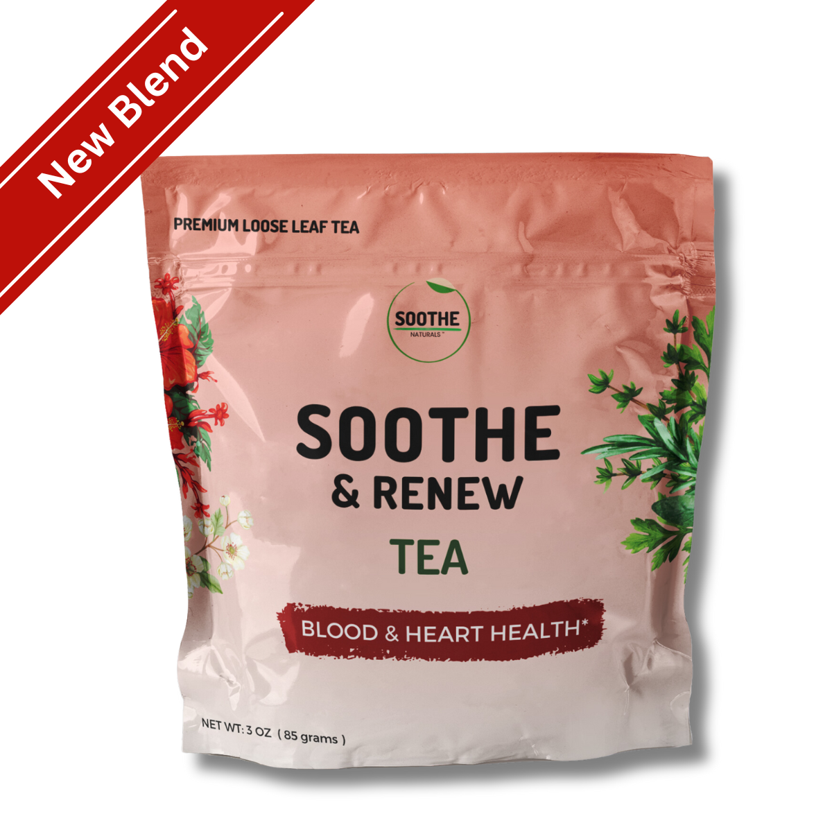 Packaging of Soothe & Renew Tea with text highlighting blood and heart health, and new blend indicator.