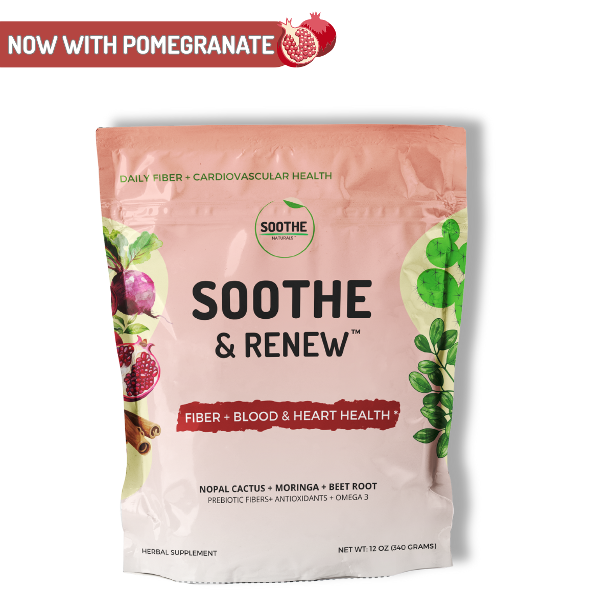 Soothe Naturals Soothe and Renew fiber powder pouch front label now with pomegranate annoucement.