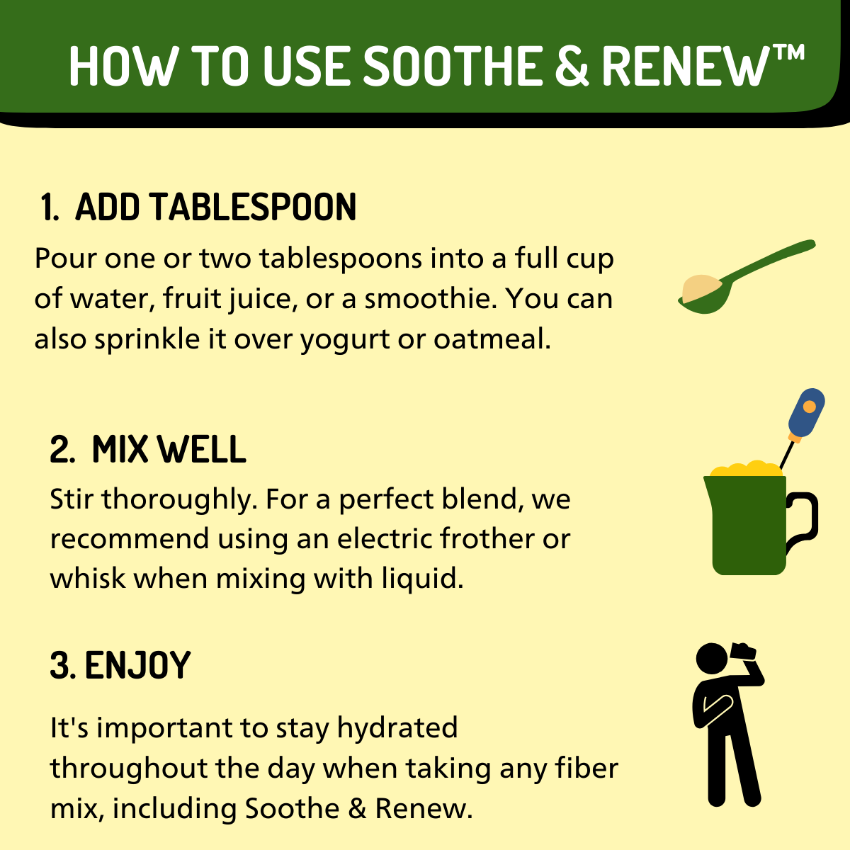 How to use Soothe and Renew instructions showing add, mix, and enjoy steps.