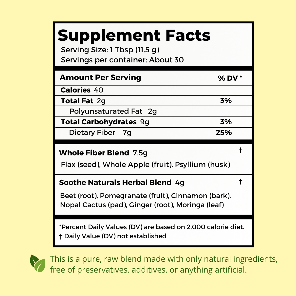 Supplement facts label with nutritional information on a yellow background