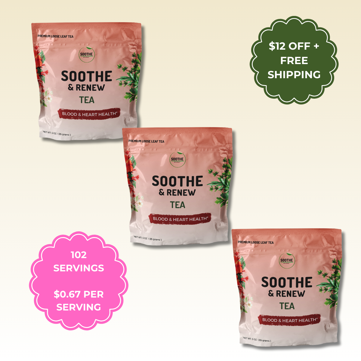 Soothe and Renew tea showing 3 pouch bundle