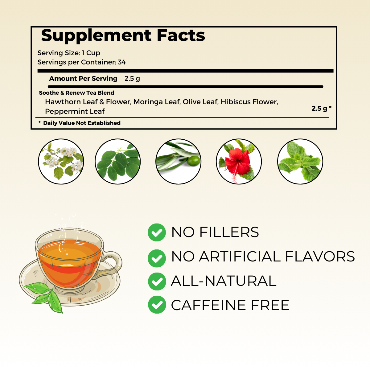 Soothe and Renew tea supplement facts and product highlights showing no fillers or artificial flavors.