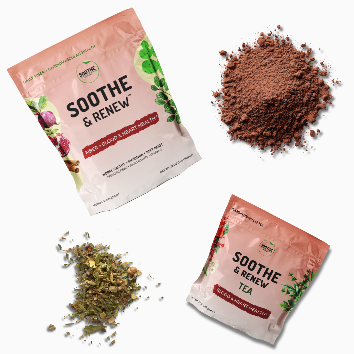 Soothe Naturals Soothe and Renew fiber powder pouch shown with loose powder and tea pouch and herb blend.