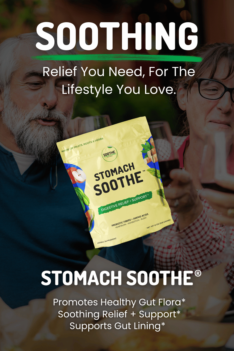 Stomach Soothe pouch displayed over an image of adults enjoying drinks together, with text highlighting soothing digestive relief, healthy gut flora support, and gut lining support.