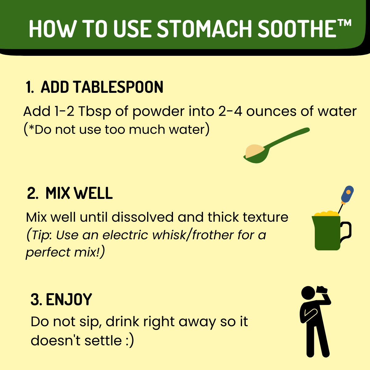 Instructions on how to use 'Stomach Soothe' with text and icons on a yellow background