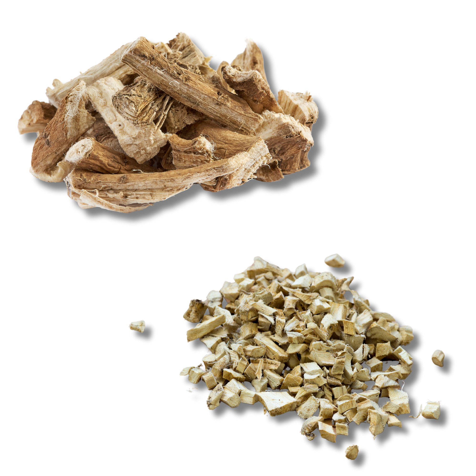Slippery elm bark and marshmallow root pieces shown to highlight soothing botanical ingredients for digestive support.
