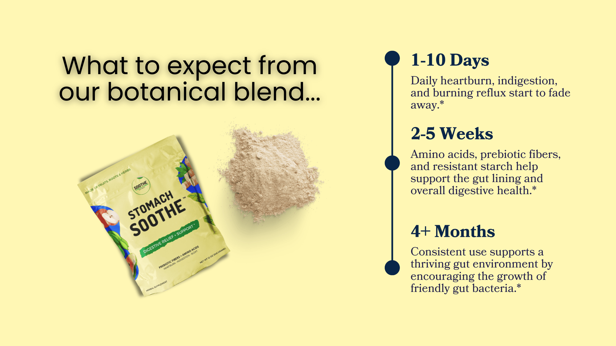Graphic titled What to expect from our botanical blend showing Stomach Soothe pouch and powder with a timeline stating days one to ten heartburn and indigestion begin to fade, weeks two to five support gut lining and digestive health, and four plus months support a thriving gut environment.