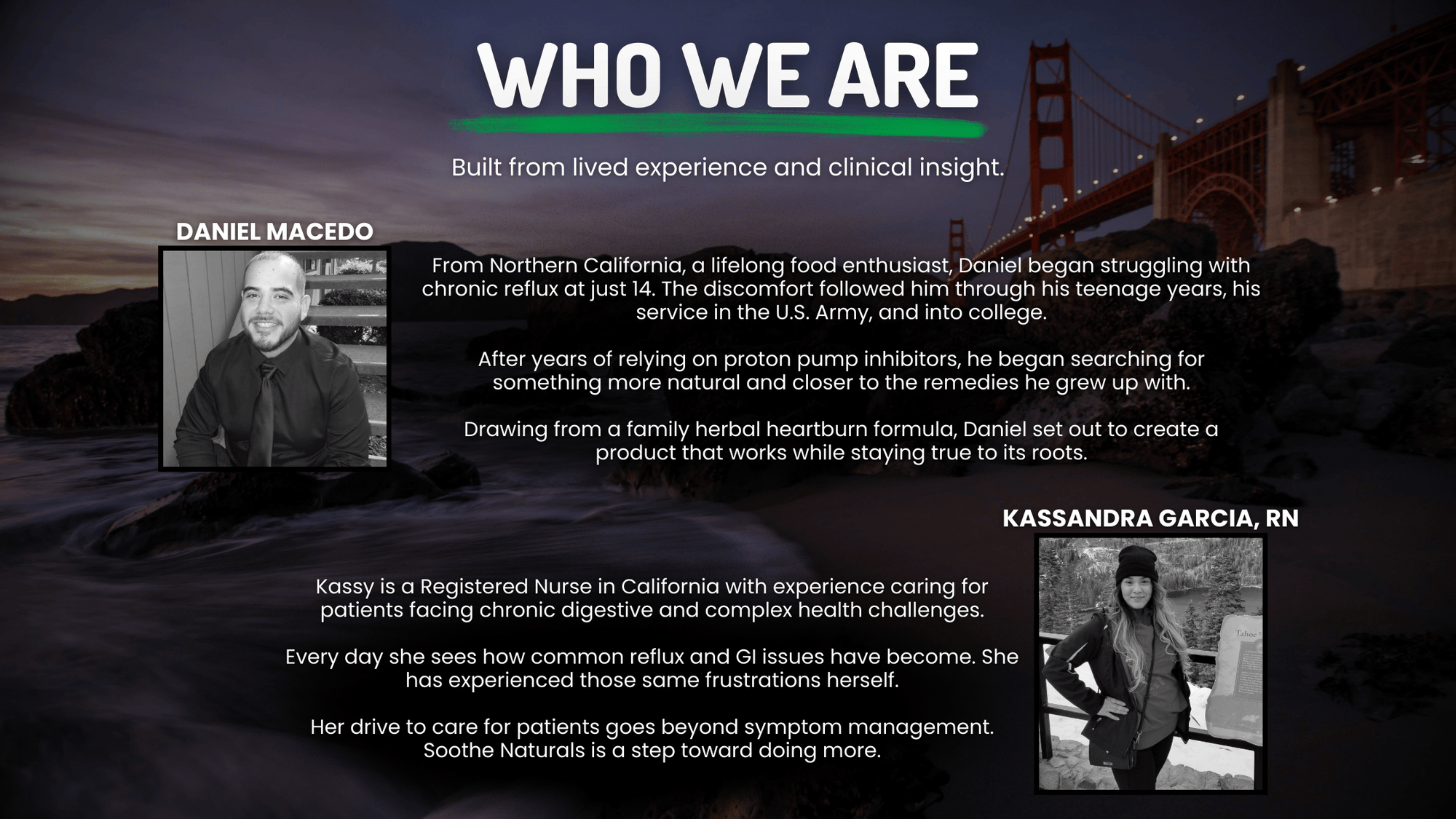 Who We Are section featuring founders Daniel Macedo and Kassandra Garcia, RN, describing their background and mission to create natural digestive support products based on lived experience and clinical insight.