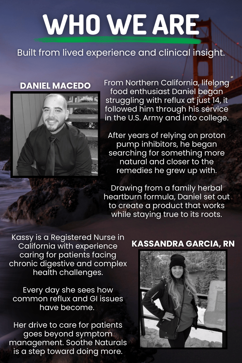Who We Are section featuring founders Daniel Macedo and Kassandra Garcia, RN, describing their background and mission to create natural digestive support products based on lived experience and clinical insight.