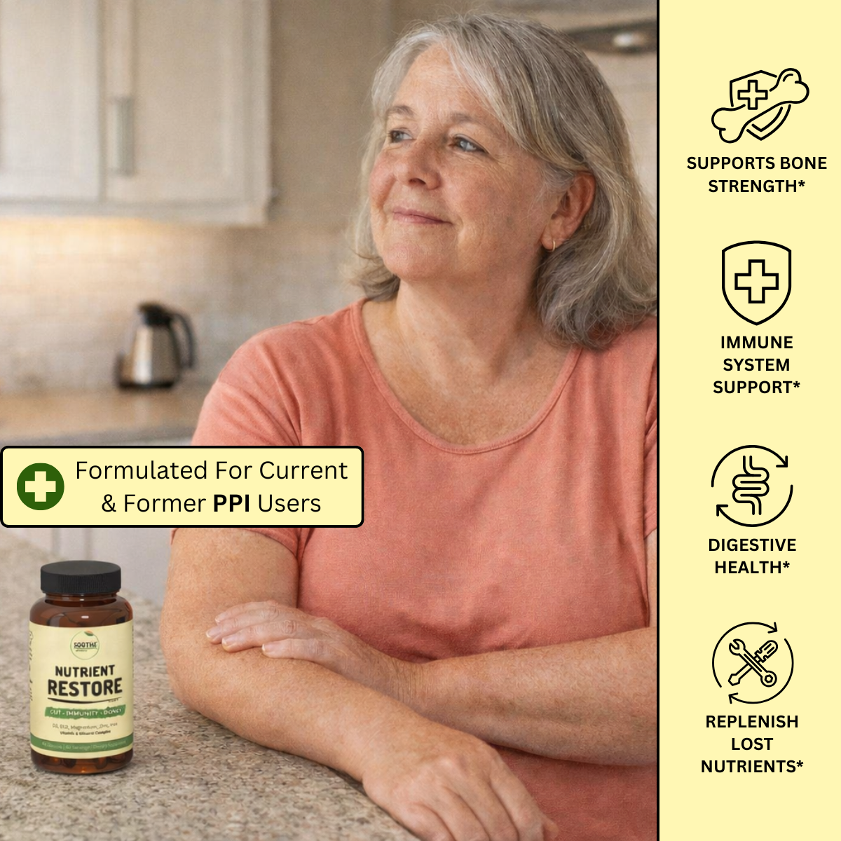 Older woman sitting at kitchen counter with Nutrient Restore bottle highlighting daily nutrient support.