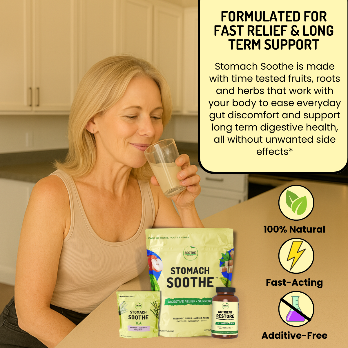 Woman using Stomach Soothe products with instructions for daily digestive support.
