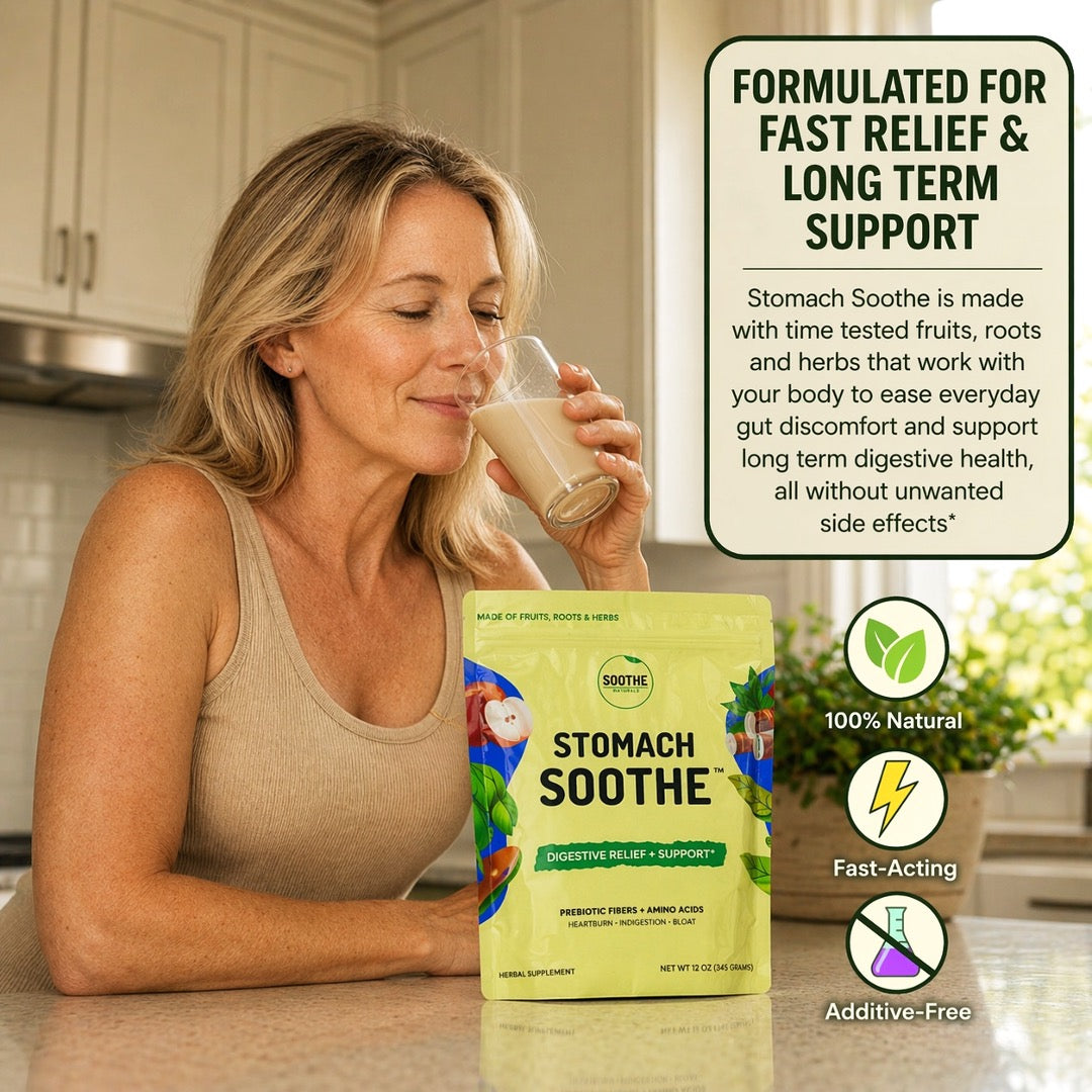 Woman holding a glass of Stomach Soothe product with packaging and text about its benefits.