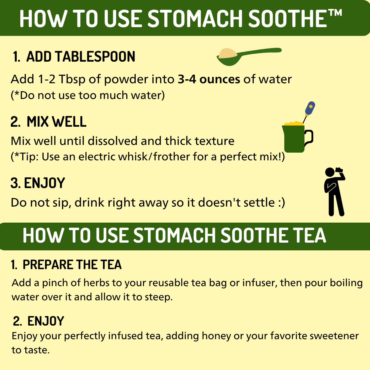 How to use Stomach Soothe instructions showing add, mix, and enjoy steps.