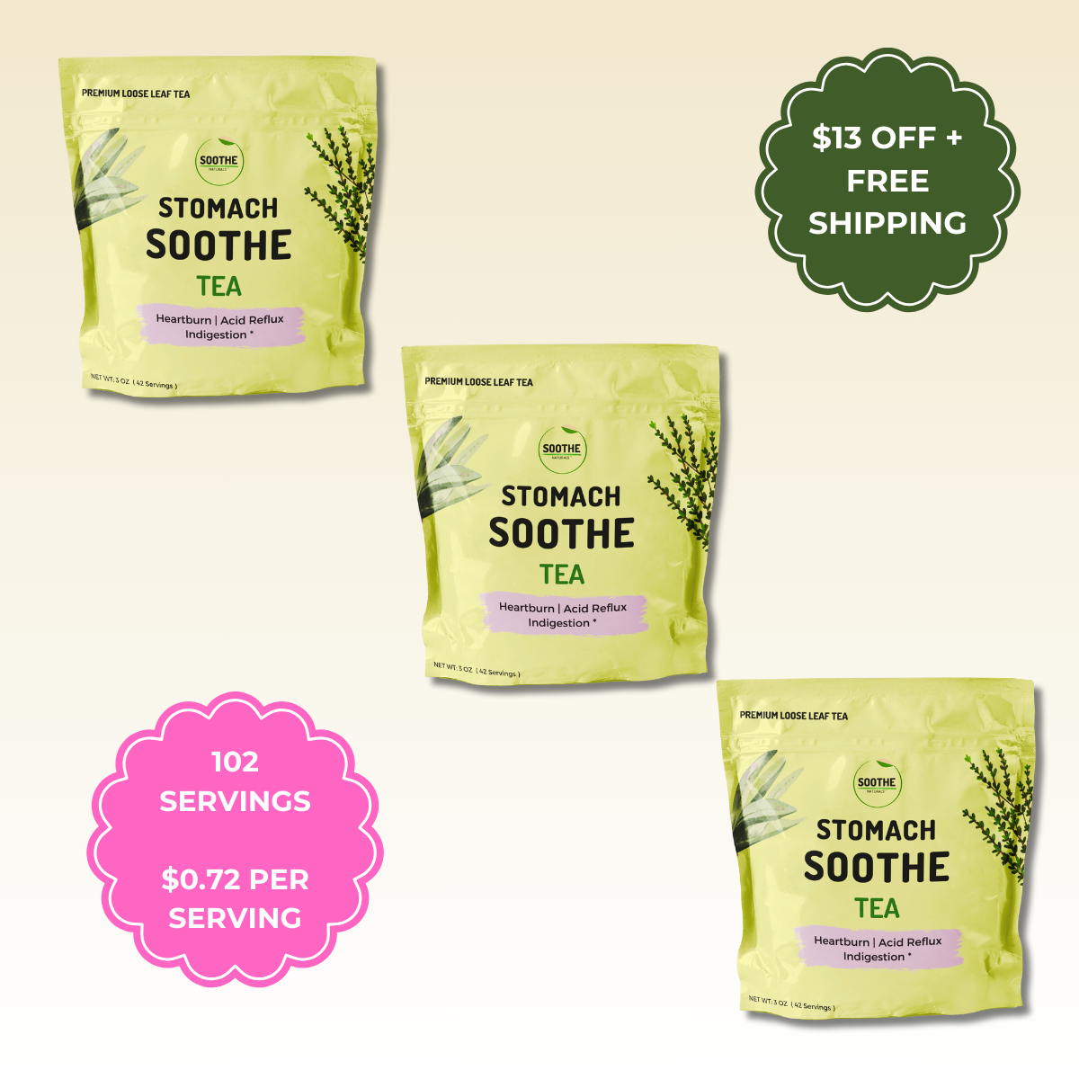 Stomach Soothe tea showing 3 pouch bundle deal