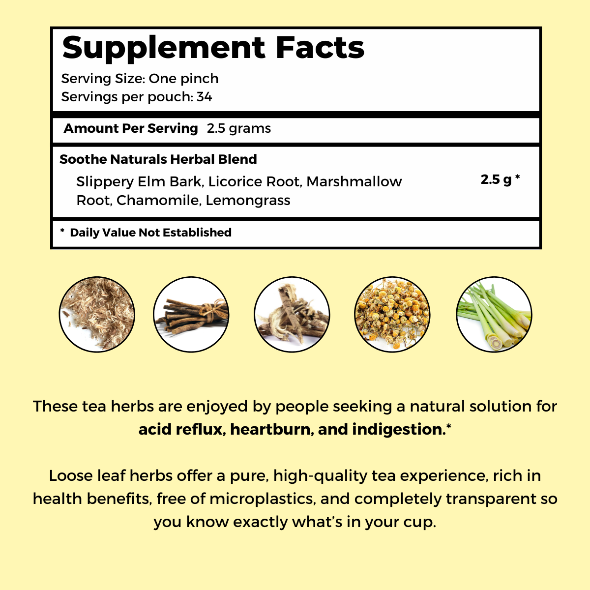 Stomach Soothe tea supplement facts panel showing ingredient and nutrition information.