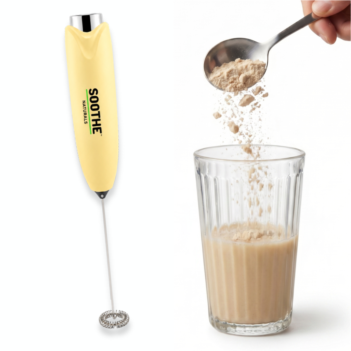 Image of handheld electric whisk, with glass of stomach soothe powder.